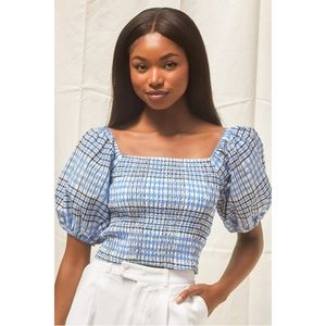 Blue plaid smocked puff sleeve crop top